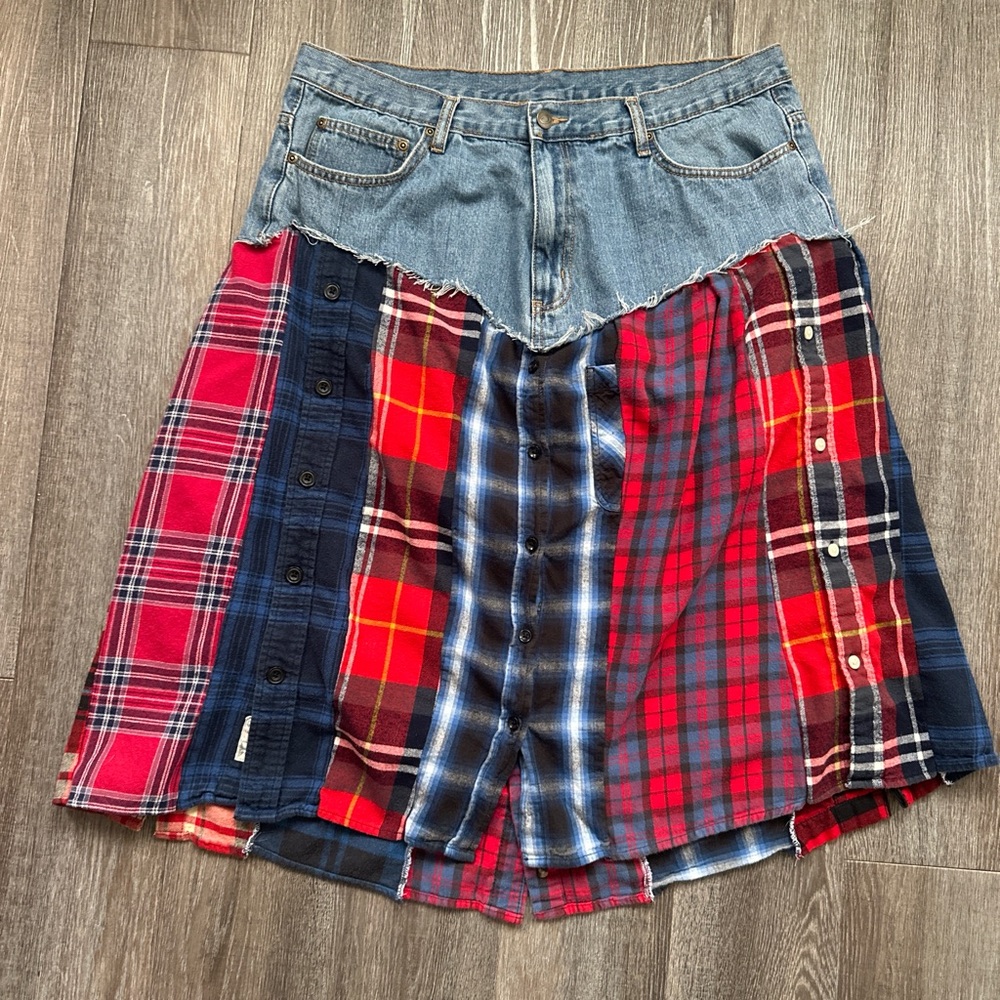 Patchwork Denim and Plaid Skirt